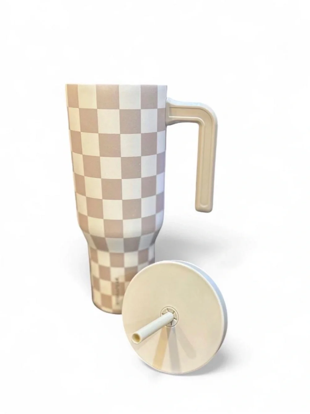 HydraPeak Cream Checkered Travel Mug with Handle and Straw NWOT 40pz Hot Cold